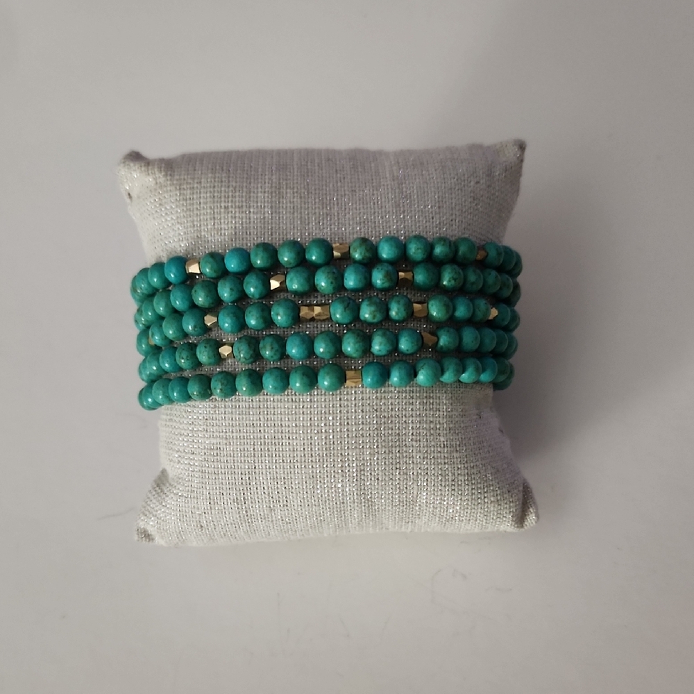 Genuine Turquoise 5 Strand Beaded Bracelet With Leather Adujstable Snap Closure